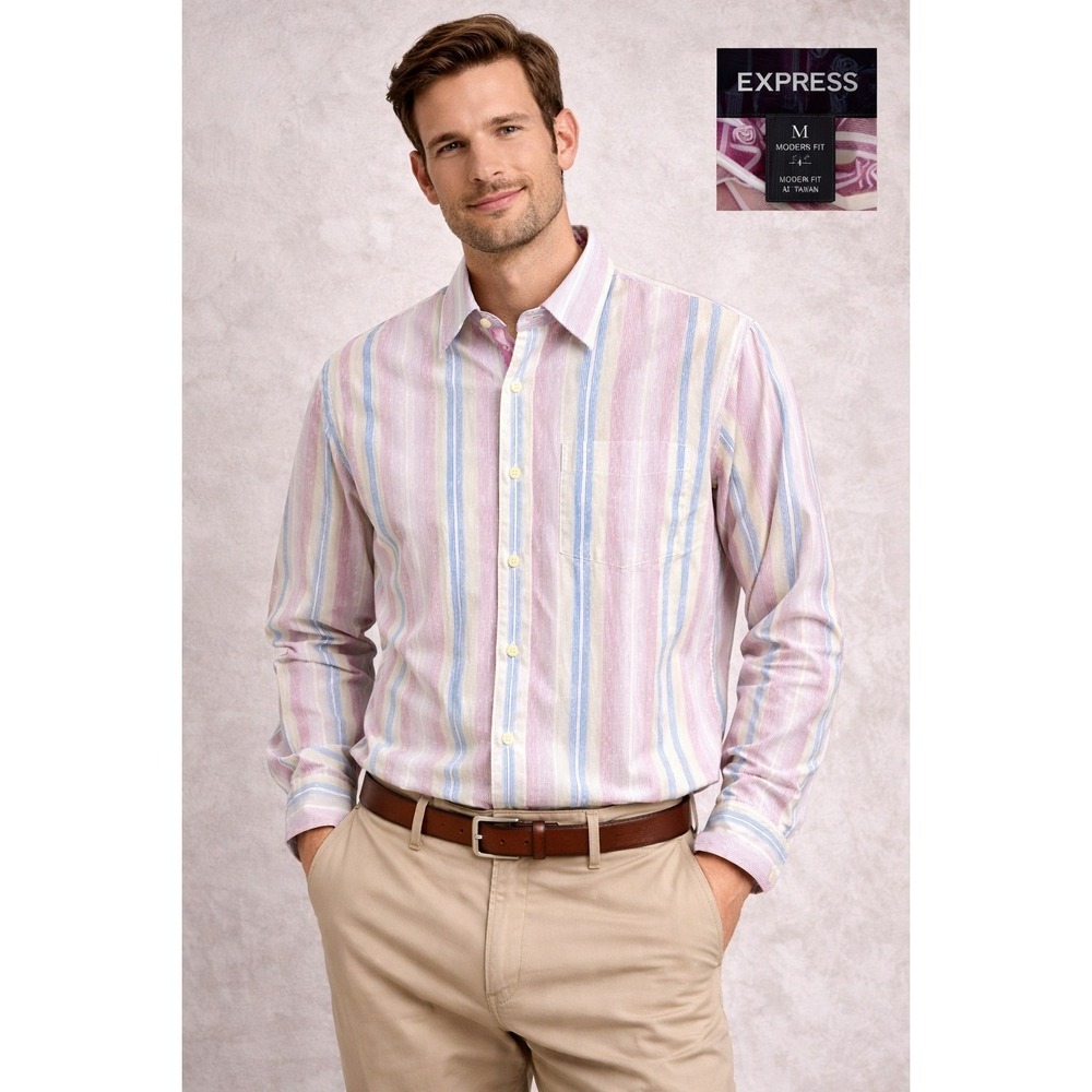 Express Modern Fit Shirt Mens Medium Striped Pastel Button Up Long Sleeve